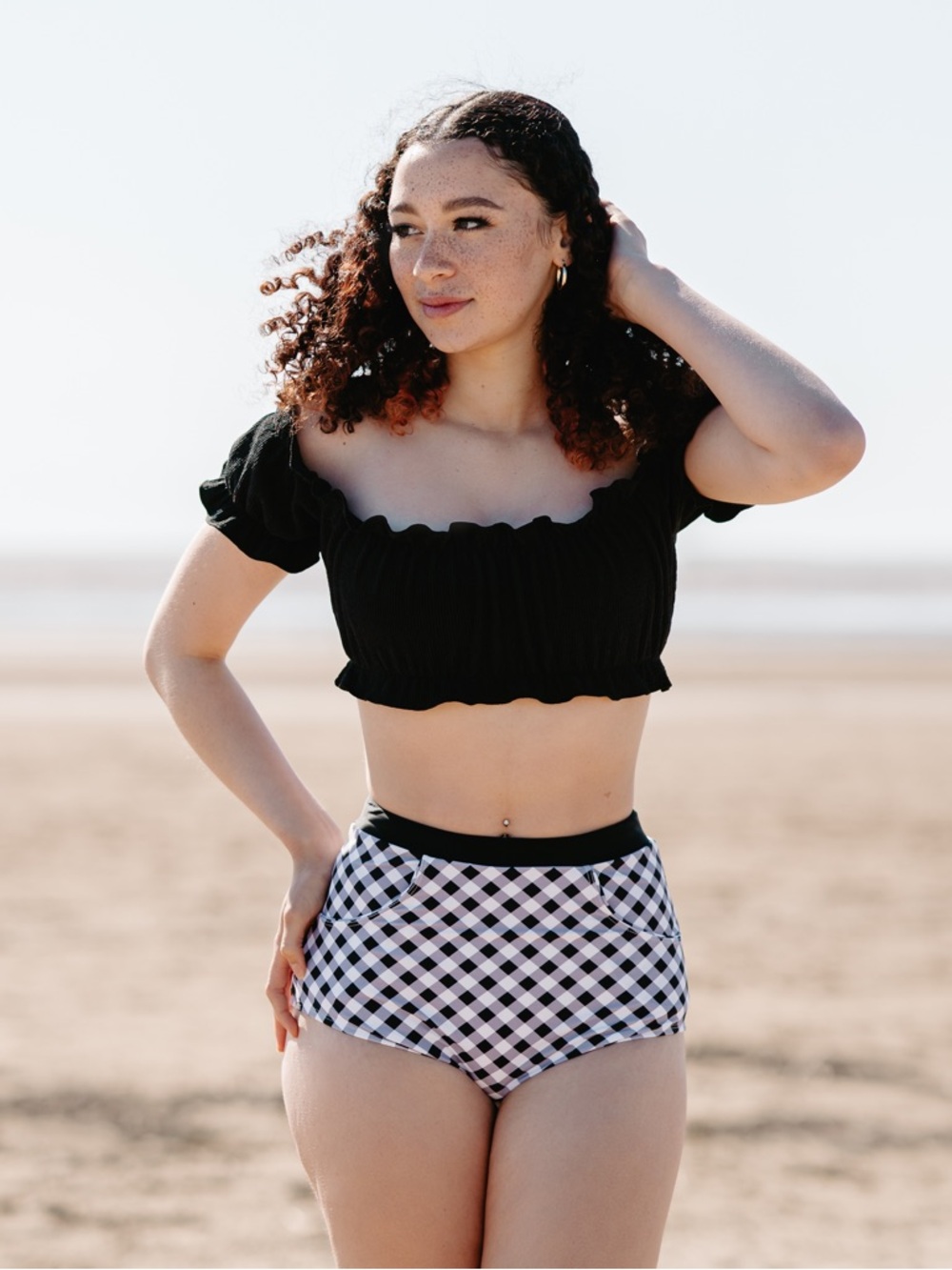 Unique Vintage Retro Pinup Black-and-White Gingham High-Waist Bikini Bottoms